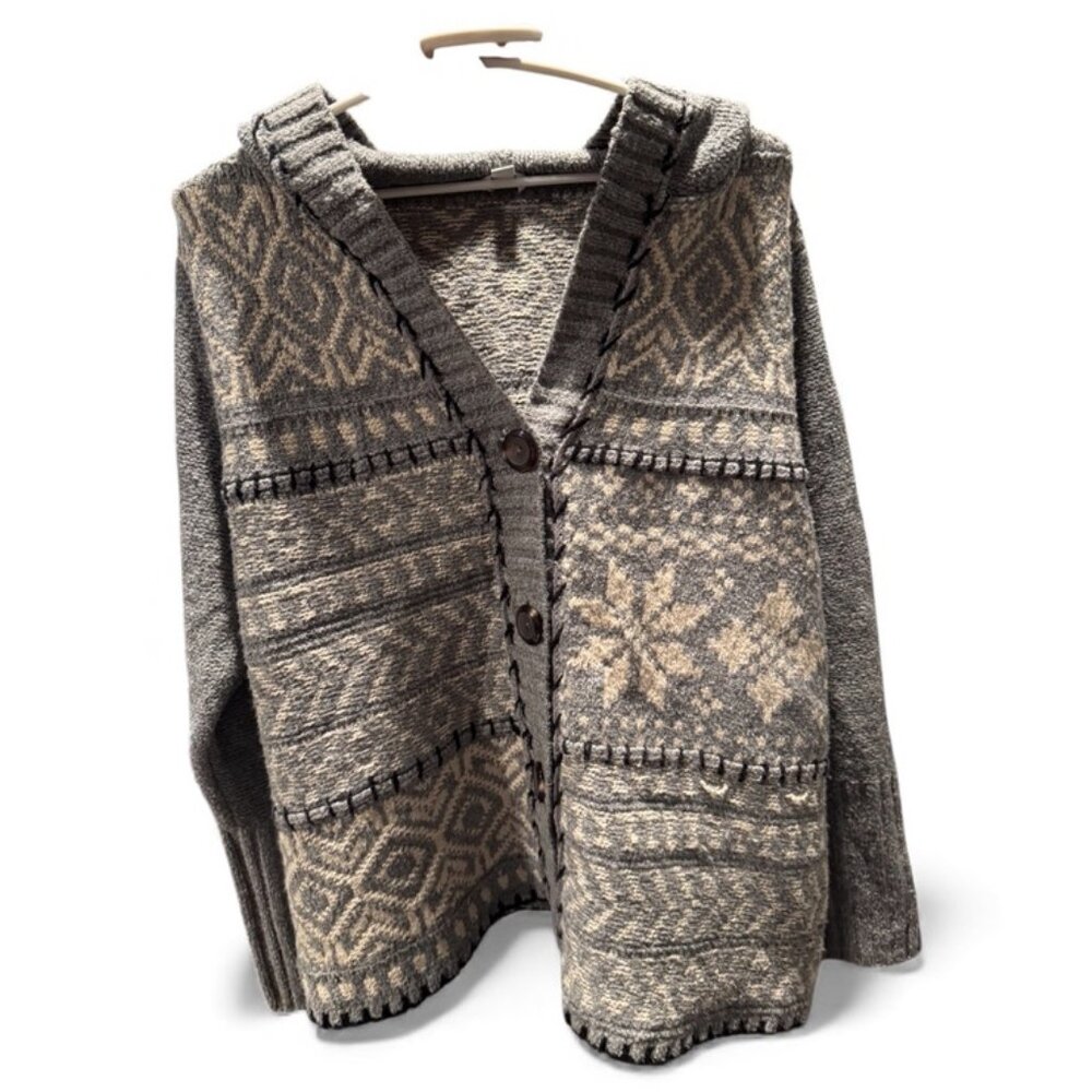 J.Jill Fair Isle Hooded Cardigan Women’s M Gray Knit Nordic Sweater Wool Blend
